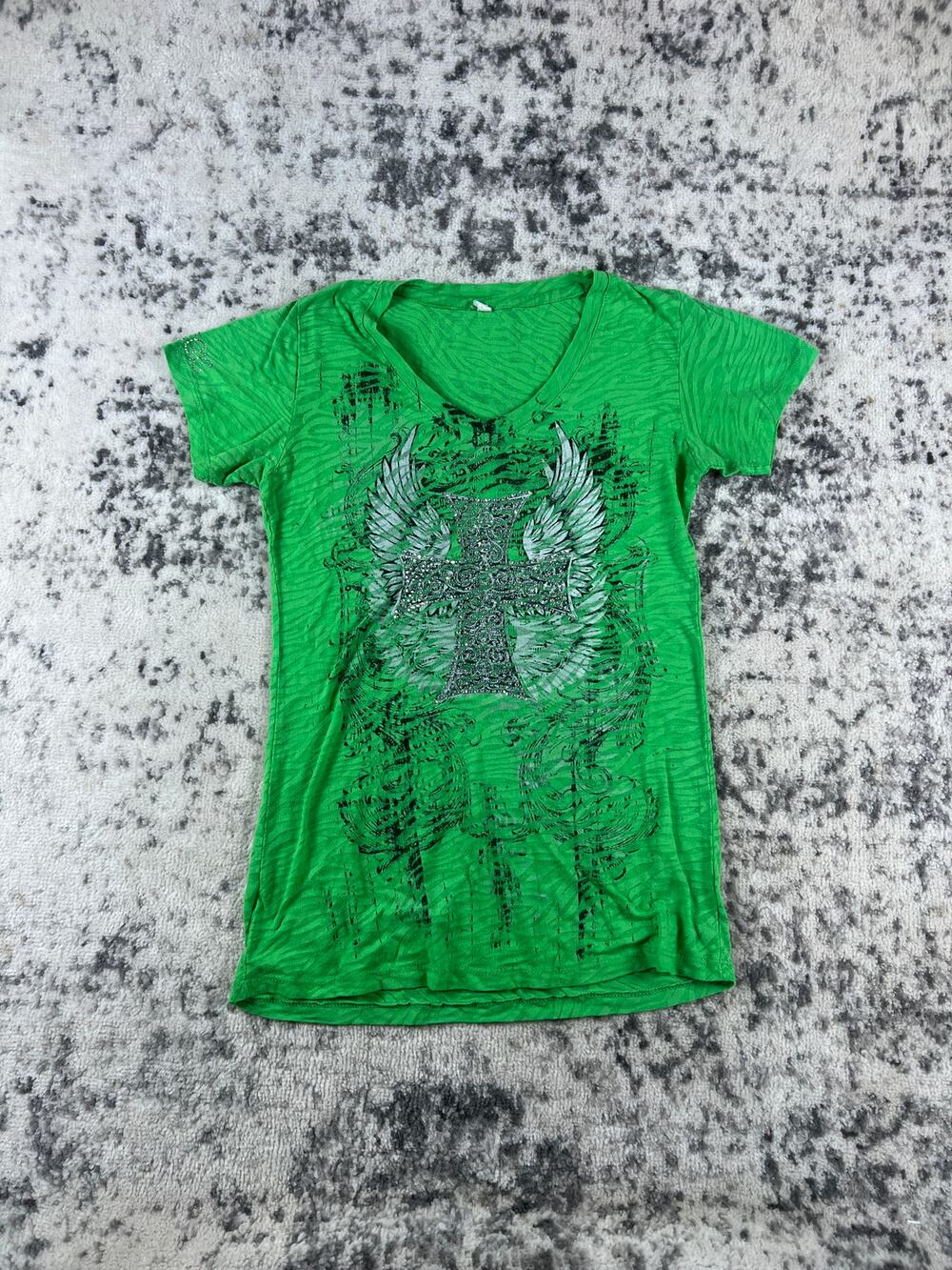 Sturgis Top Womens L Green Cross Wings Rhinestone Biker Motorcycle Y2K Grunge